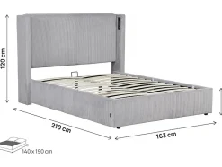 Palozi Home Lit double en velours côtelé avec coffre et lampe intégré "Cortina" 140 x 190 cm Gris New