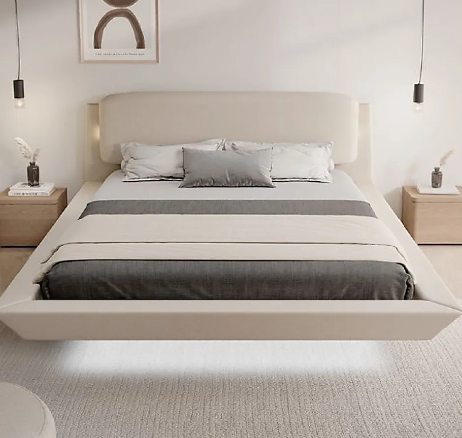 Design Ameublement Lit double flottant - Cadre bois recouvert lin beige - LED intégrée, ports USB - 2 places - 160x200 cm Discount