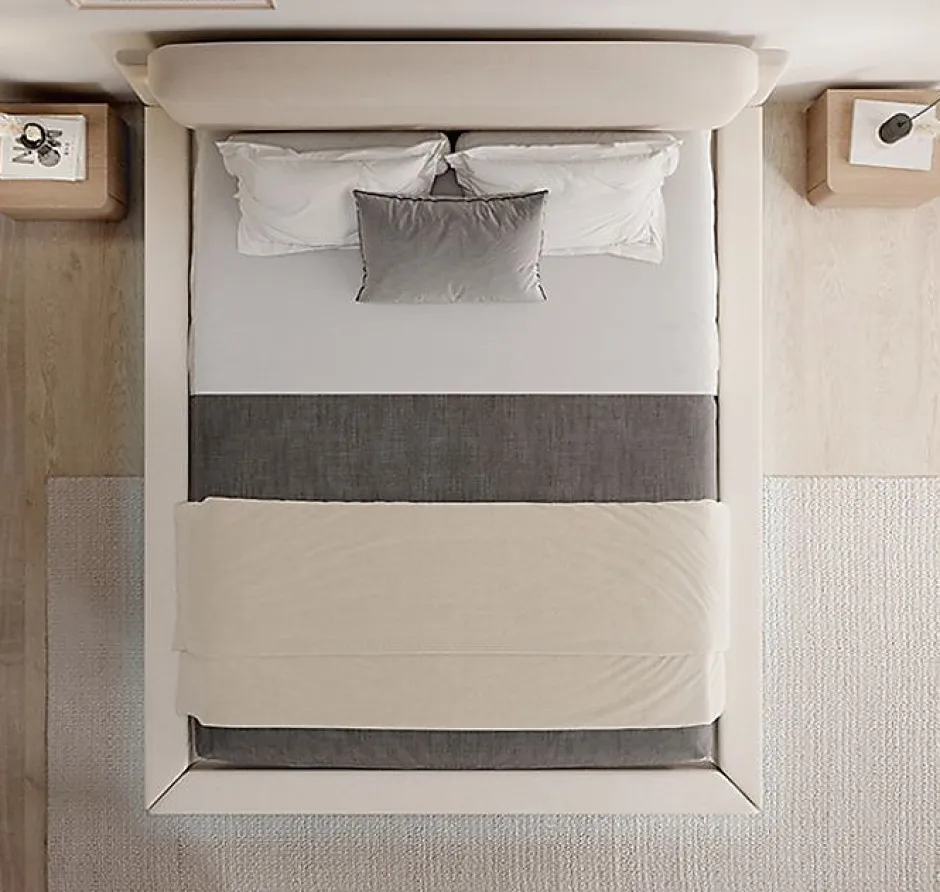 Design Ameublement Lit double flottant - Cadre bois recouvert lin beige - LED intégrée, ports USB - 2 places - 160x200 cm Discount