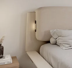 Design Ameublement Lit double flottant - Cadre bois recouvert lin beige - LED intégrée, ports USB - 2 places - 160x200 cm Discount