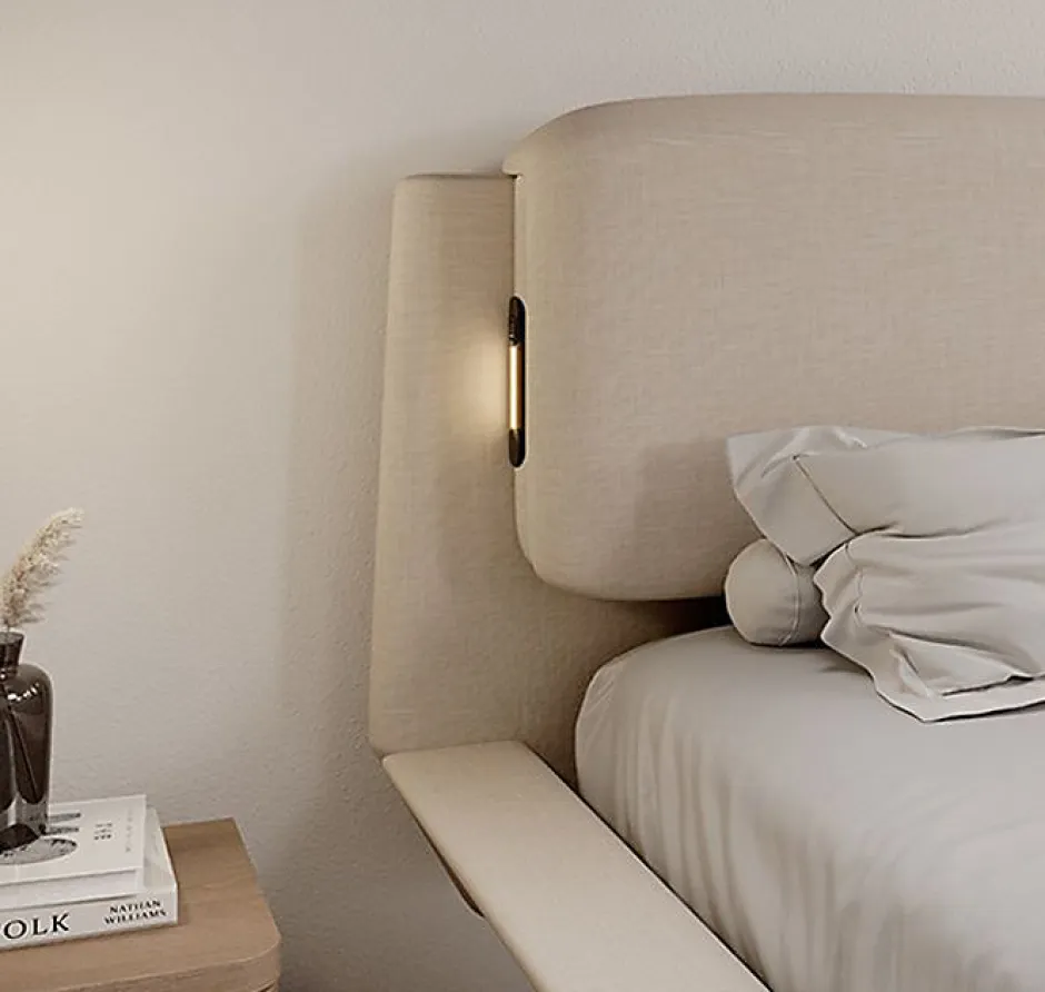 Design Ameublement Lit double flottant - Cadre bois recouvert lin beige - LED intégrée, ports USB - 2 places - 160x200 cm Discount