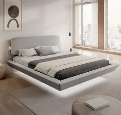 Design Ameublement Lit double flottant tapissé - Lin gris - LED intégrée & ports USB - Sommier à lattes - 2 places 150x190 cm