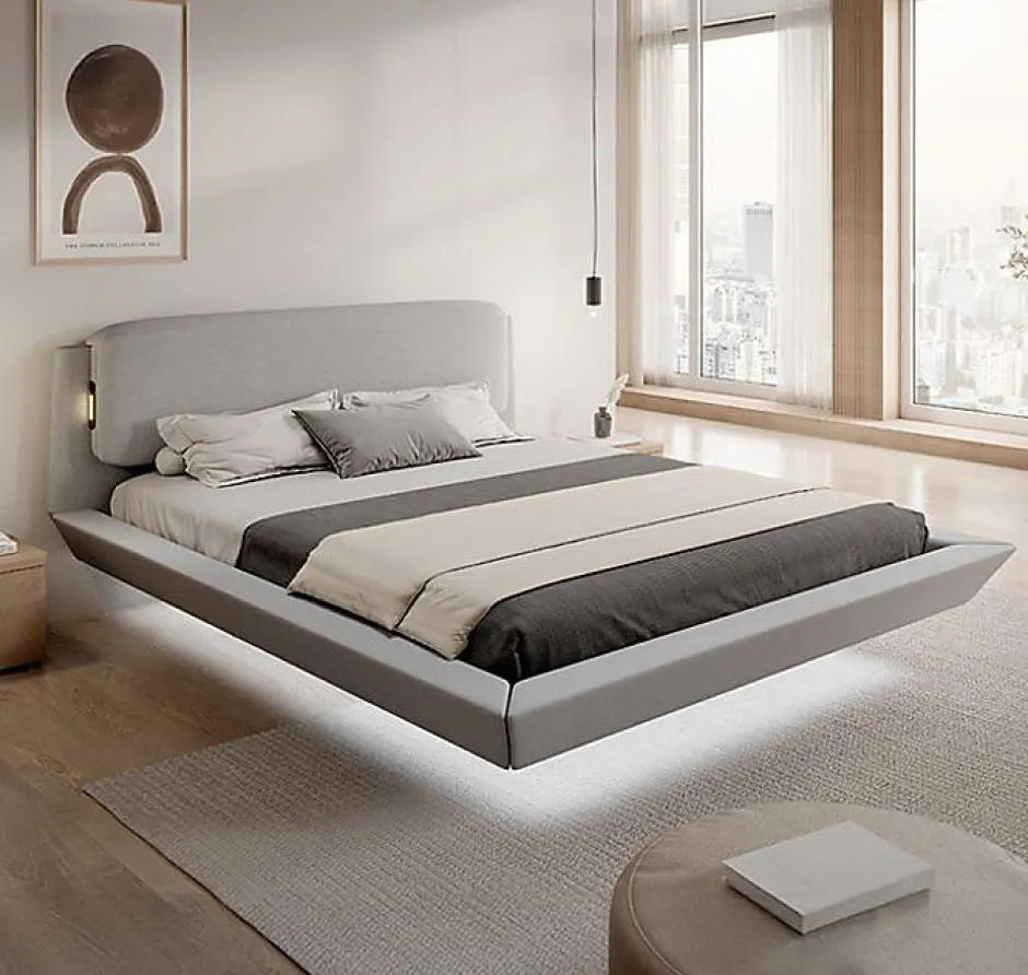 Design Ameublement Lit double flottant tapissé - Lin gris - LED intégrée & ports USB - Sommier à lattes - 2 places 150x190 cm