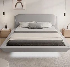 Design Ameublement Lit double flottant tapissé - Lin gris - LED intégrée & ports USB - Sommier à lattes - 2 places 150x190 cm
