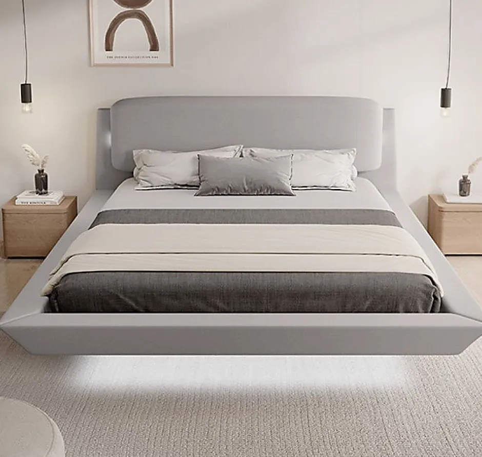 Design Ameublement Lit double flottant tapissé - Lin gris - LED intégrée & ports USB - Sommier à lattes - 2 places 150x190 cm