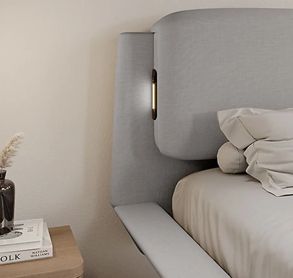 Design Ameublement Lit double flottant tapissé - Lin gris - LED intégrée & ports USB - Sommier à lattes - 2 places 150x190 cm