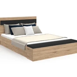 IDMarket Lit double GAELLE tête de lit + banc coffre et sommier 140 x 190 cm bois et noir Sale