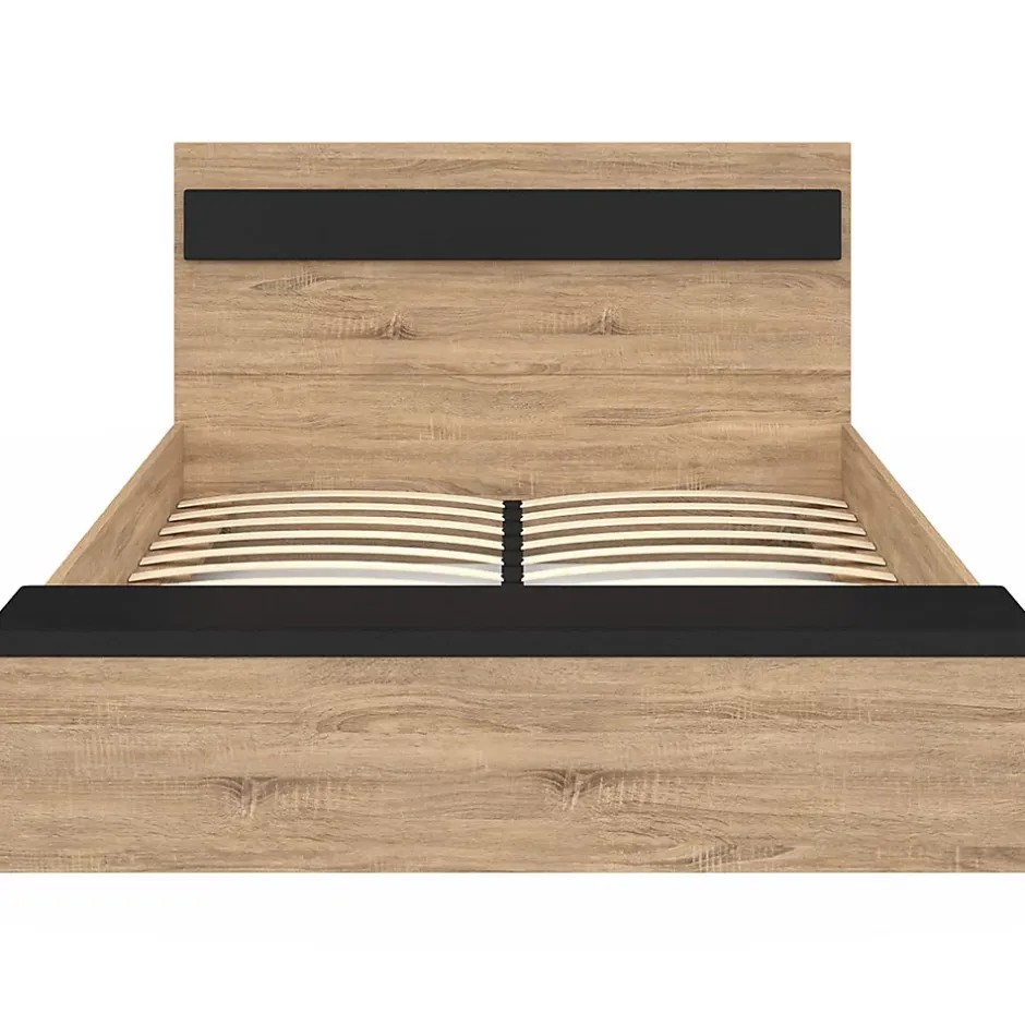IDMarket Lit double GAELLE tête de lit + banc coffre et sommier 140 x 190 cm bois et noir Sale