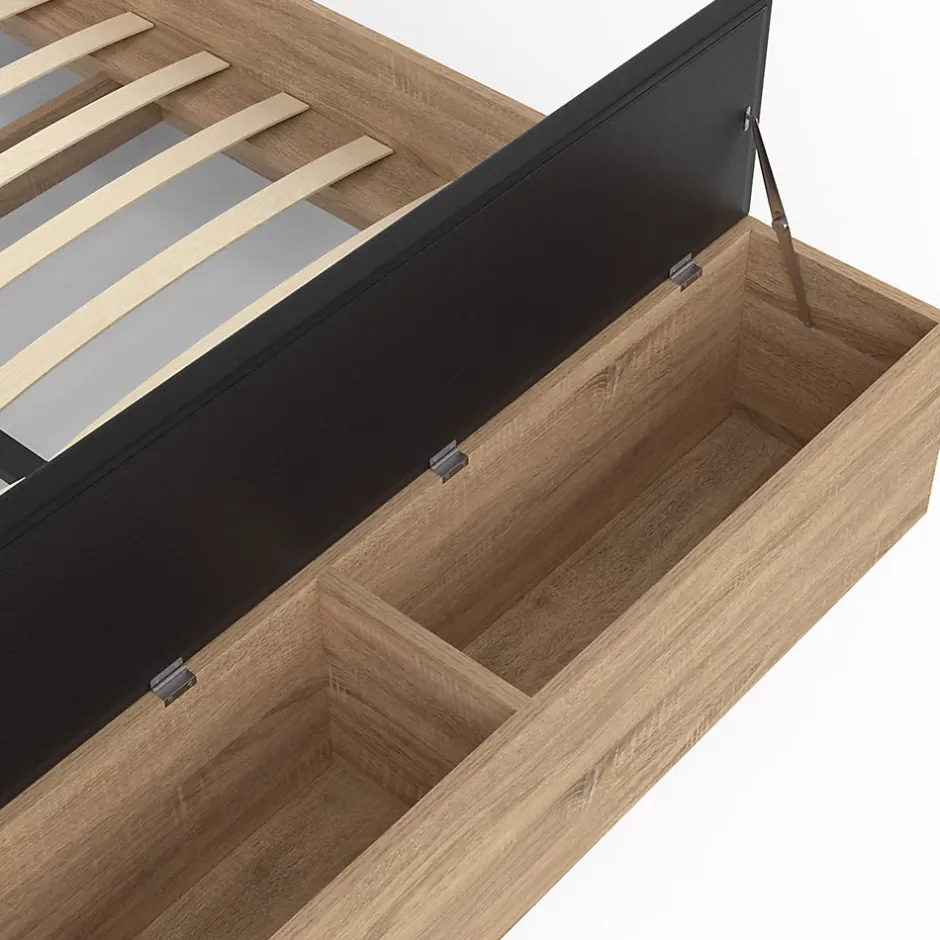IDMarket Lit double GAELLE tête de lit + banc coffre et sommier 140 x 190 cm bois et noir Sale