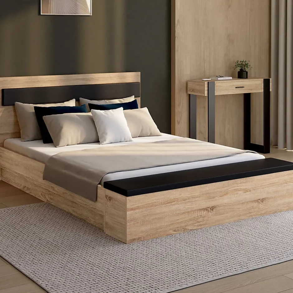 IDMarket Lit double GAELLE tête de lit + banc coffre et sommier 140 x 190 cm bois et noir Sale