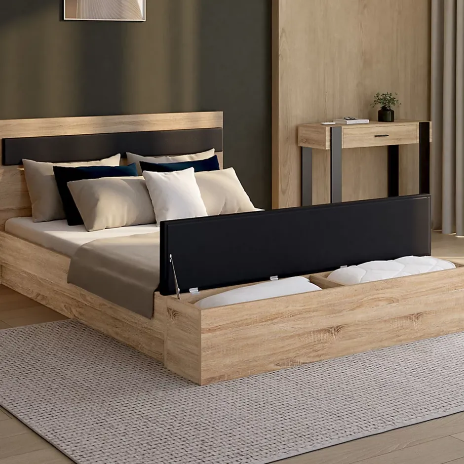 IDMarket Lit double GAELLE tête de lit + banc coffre et sommier 140 x 190 cm bois et noir Sale