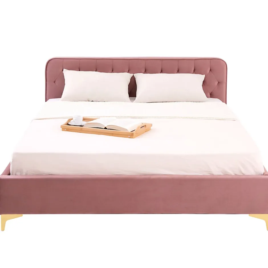 Idimex Lit double GLAMOUR, 140x190 cm, capitonné avec sommier, revêtement en velours rose Outlet
