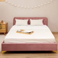 Idimex Lit double GLAMOUR, 140x190 cm, capitonné avec sommier, revêtement en velours rose Outlet