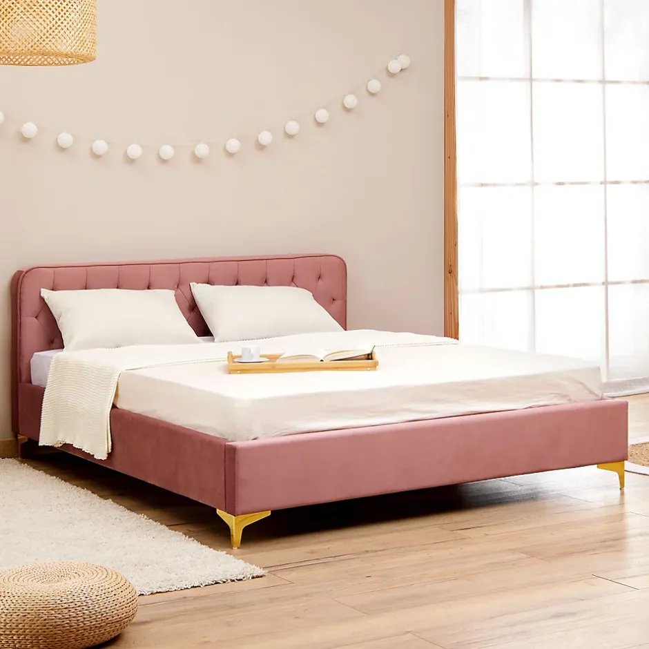Idimex Lit double GLAMOUR, 140x190 cm, capitonné avec sommier, revêtement en velours rose Outlet