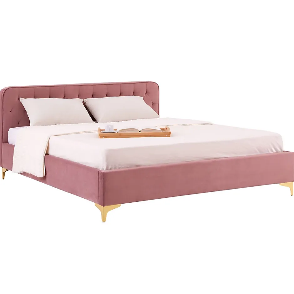 Idimex Lit double GLAMOUR, 140x190 cm, capitonné avec sommier, revêtement en velours rose Outlet