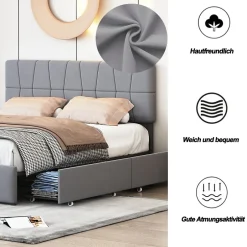 ProximaX Lit double gris 160 x 200 cm, velours, cadre de lit avec 4 tiroirs, sans matelas