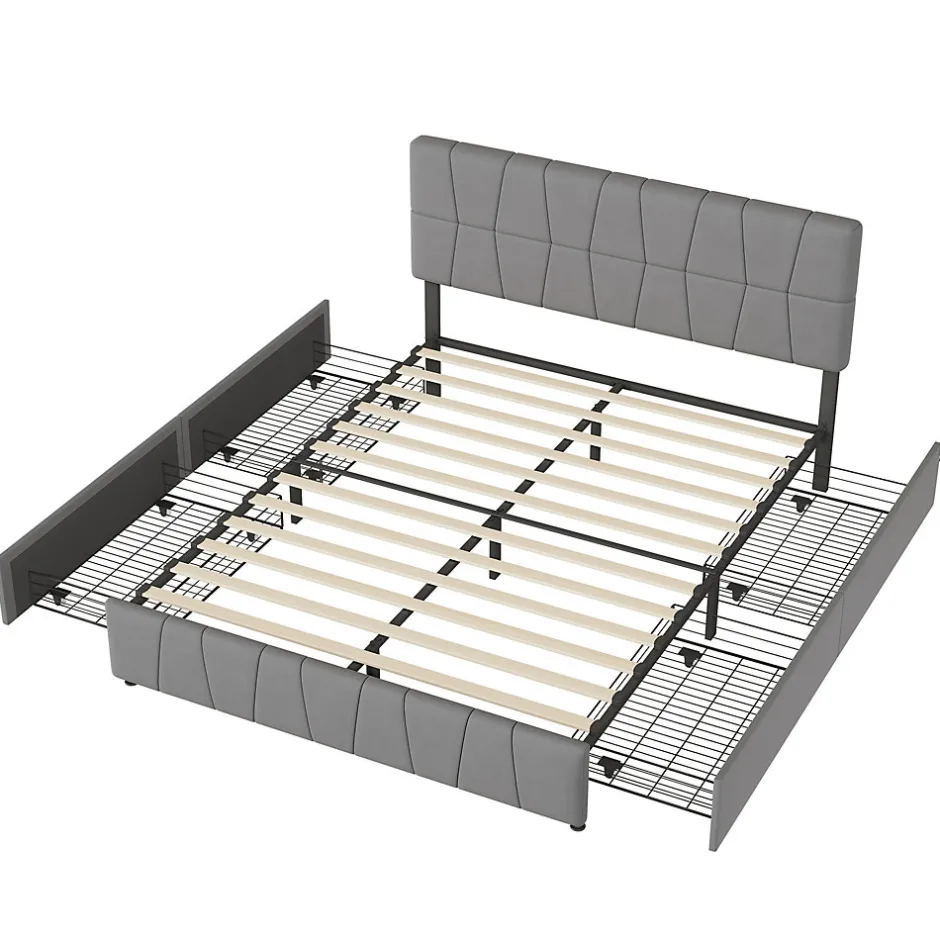 ProximaX Lit double gris 160 x 200 cm, velours, cadre de lit avec 4 tiroirs, sans matelas