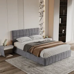 ProximaX Lit double gris 160 x 200 cm, velours, cadre de lit avec 4 tiroirs, sans matelas