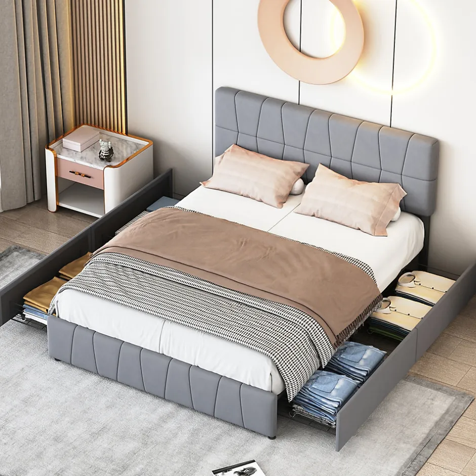 ProximaX Lit double gris 160 x 200 cm, velours, cadre de lit avec 4 tiroirs, sans matelas