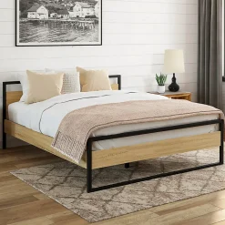 IDMarket Lit double industriel DETROIT avec tête de lit et sommier 140 x 190 cm bois et métal noir