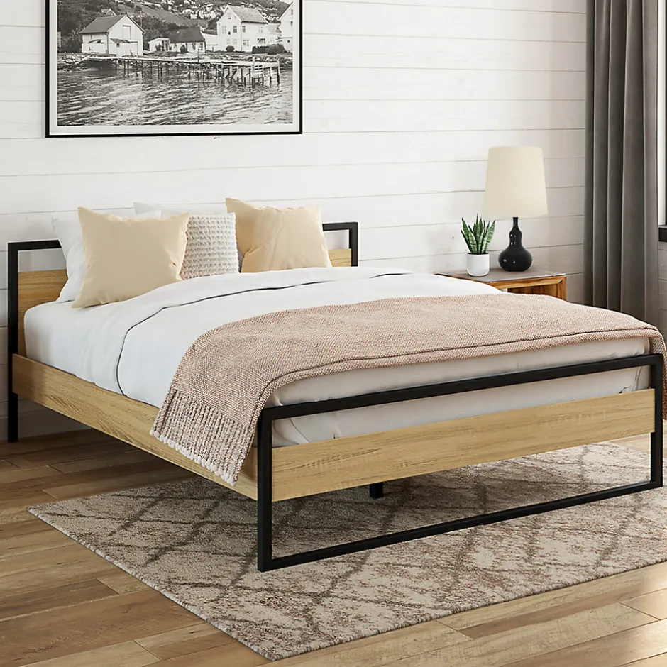 IDMarket Lit double industriel DETROIT avec tête de lit et sommier 140 x 190 cm bois et métal noir