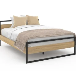 IDMarket Lit double industriel DETROIT avec tête de lit et sommier 140 x 190 cm bois et métal noir