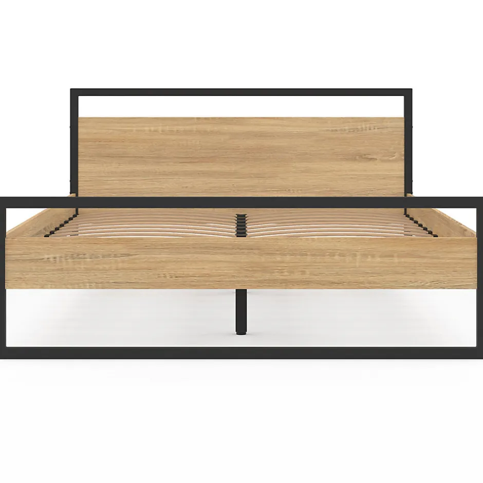 IDMarket Lit double industriel DETROIT avec tête de lit et sommier 140 x 190 cm bois et métal noir