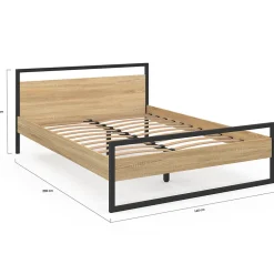 IDMarket Lit double industriel DETROIT avec tête de lit et sommier 140 x 190 cm bois et métal noir