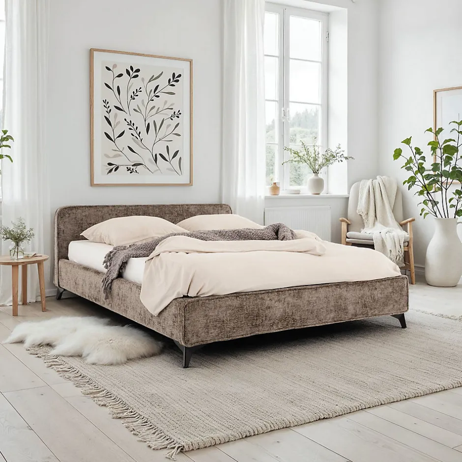 Idimex Lit double LEVERDA 140 x 190 cm, revêtement en tissu - Brun New