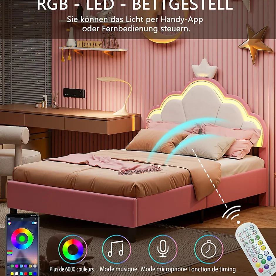 Simple Life Lit double Lit adulte 140 x 200 cm avec bande lumineuse LED, en cuir PU, rose Sale