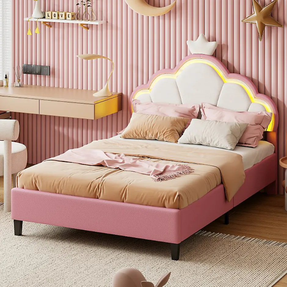 Simple Life Lit double Lit adulte 140 x 200 cm avec bande lumineuse LED, en cuir PU, rose Sale