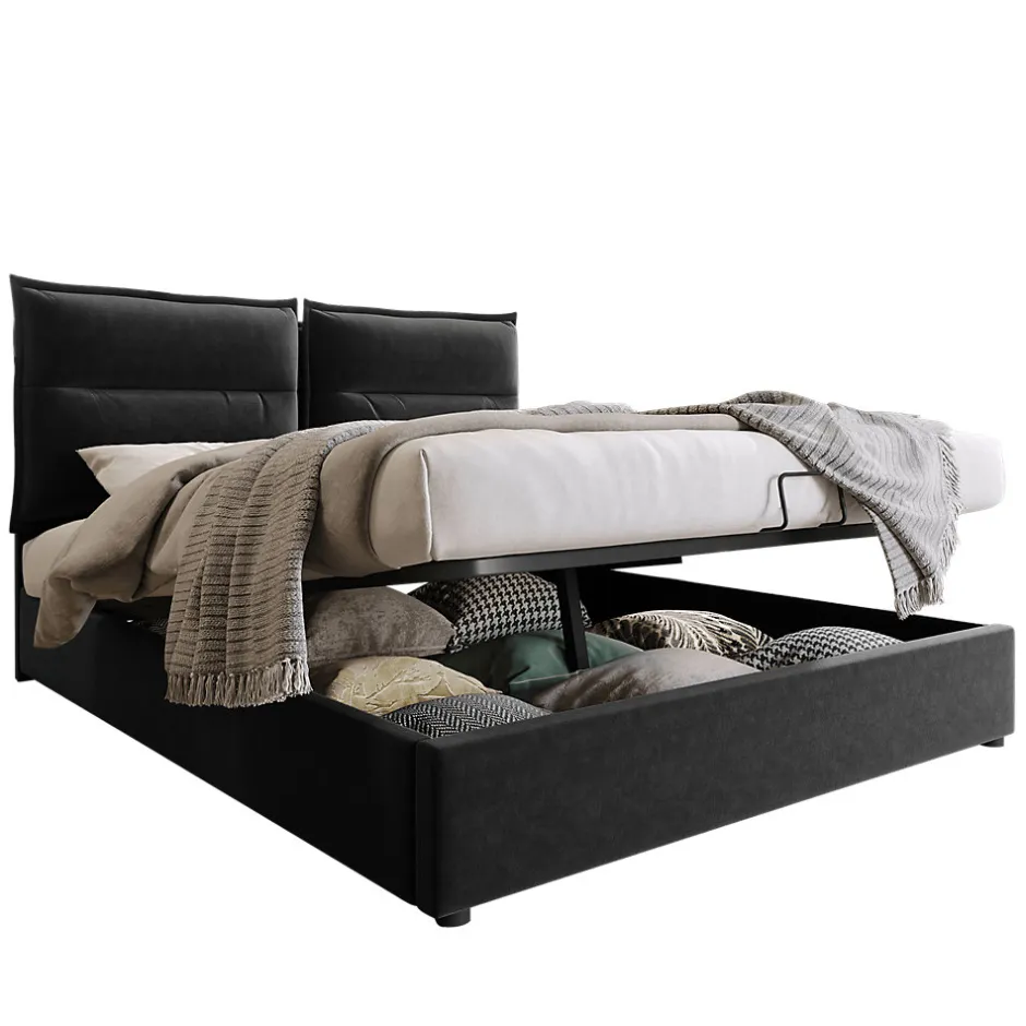 Gutent Lit double lit rembourré hydraulique 140x200cm, lit de rangement avec sommier à lattes métalliques, velours, noir,sans matelas