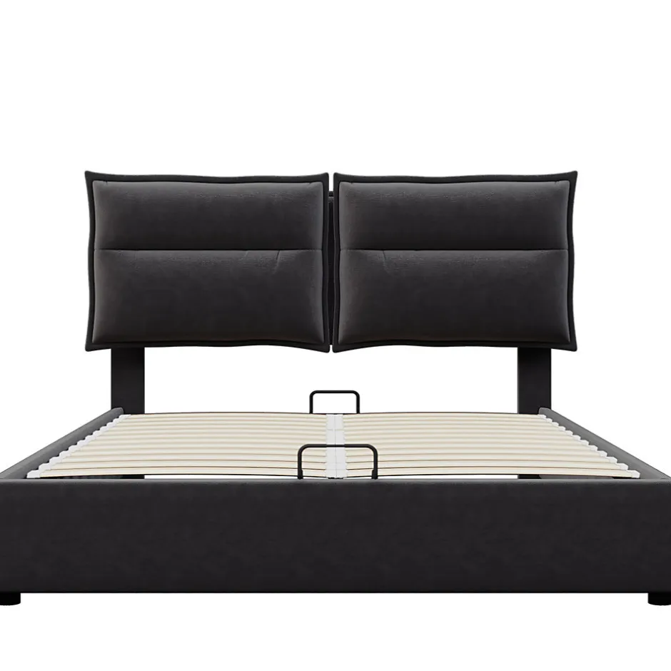 Gutent Lit double lit rembourré hydraulique 140x200cm, lit de rangement avec sommier à lattes métalliques, velours, noir,sans matelas