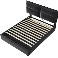 Gutent Lit double lit rembourré hydraulique 140x200cm, lit de rangement avec sommier à lattes métalliques, velours, noir,sans matelas