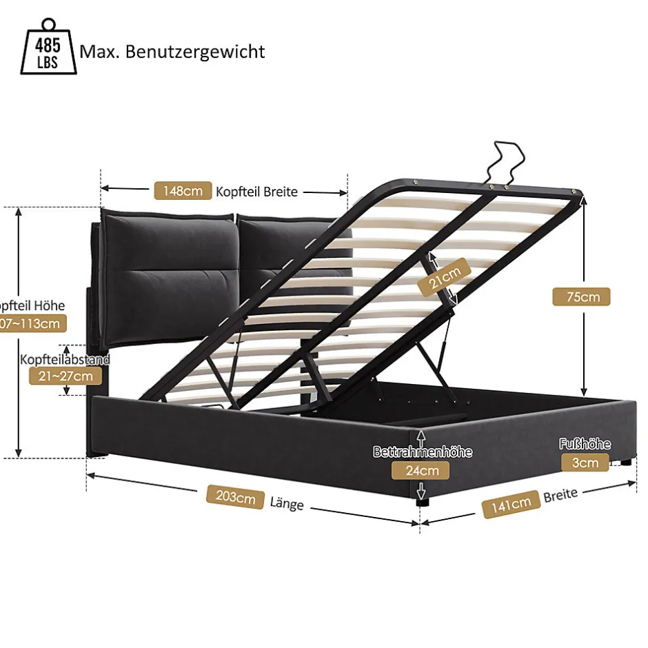 Gutent Lit double lit rembourré hydraulique 140x200cm, lit de rangement avec sommier à lattes métalliques, velours, noir,sans matelas