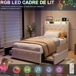 ProximaX Lit double, lit rembourré 90x200 cm en velours avec tiroirs, tête de lit avec USB & USB-C et LED multicolore, Beige Discount