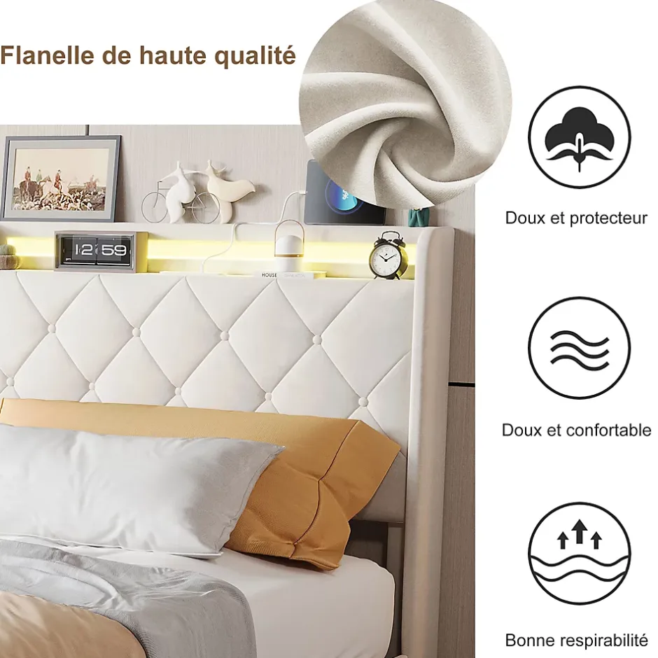 ProximaX Lit double, lit rembourré 90x200 cm en velours avec tiroirs, tête de lit avec USB & USB-C et LED multicolore, Beige Discount