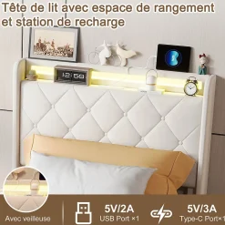 ProximaX Lit double, lit rembourré 90x200 cm en velours avec tiroirs, tête de lit avec USB & USB-C et LED multicolore, Beige Discount