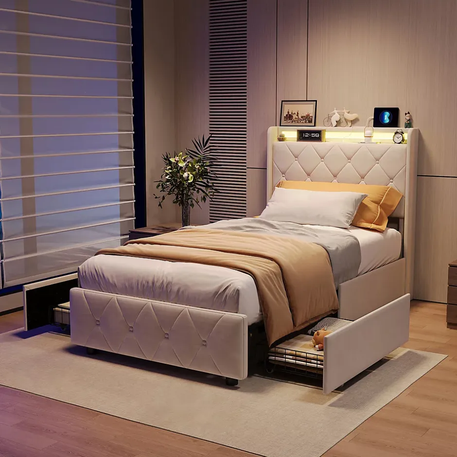 ProximaX Lit double, lit rembourré 90x200 cm en velours avec tiroirs, tête de lit avec USB & USB-C et LED multicolore, Beige Discount