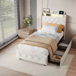 ProximaX Lit double, lit rembourré 90x200 cm en velours avec tiroirs, tête de lit avec USB & USB-C et LED multicolore, Beige Discount