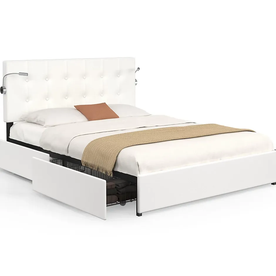 IDMarket Lit double MAEL 140 x 190 cm avec tête de lit capitonnée PVC blanc liseuses intégrées et sommier et 2 tiroirs sur roulettes Sale
