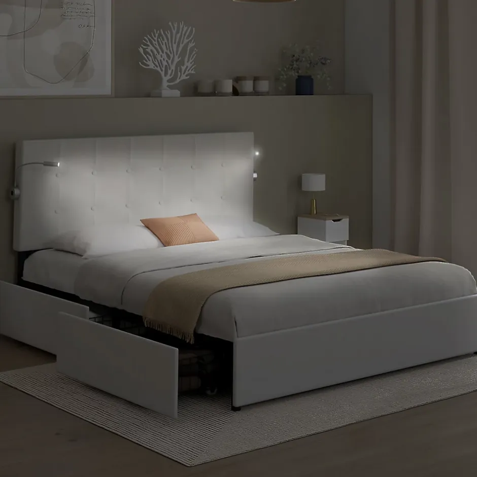 IDMarket Lit double MAEL 140 x 190 cm avec tête de lit capitonnée PVC blanc liseuses intégrées et sommier et 2 tiroirs sur roulettes Sale