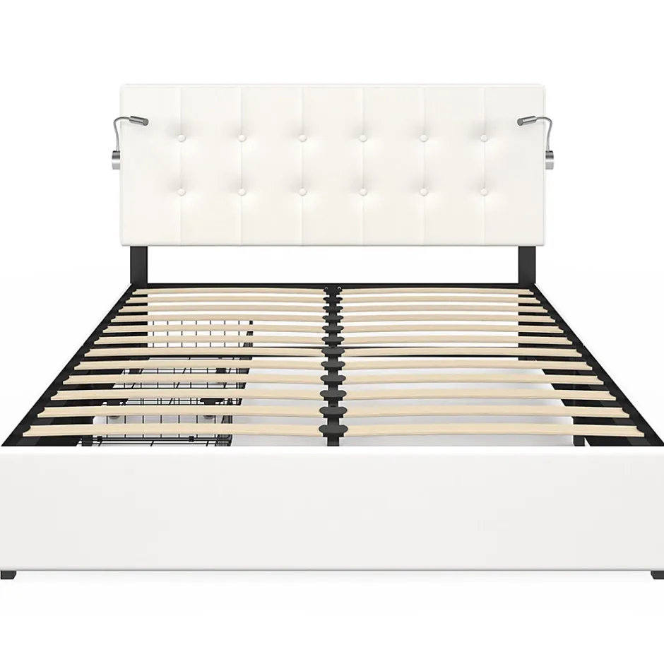 IDMarket Lit double MAEL 140 x 190 cm avec tête de lit capitonnée PVC blanc liseuses intégrées et sommier et 2 tiroirs sur roulettes Sale