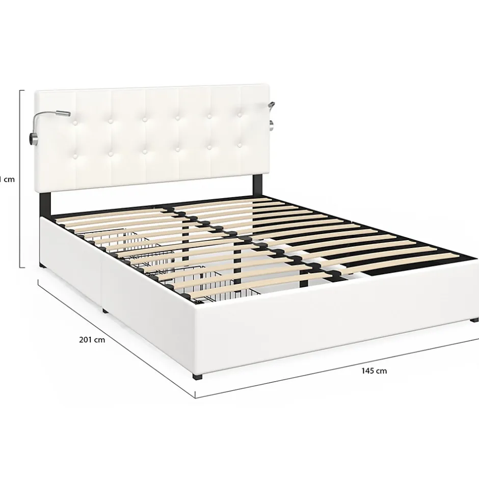IDMarket Lit double MAEL 140 x 190 cm avec tête de lit capitonnée PVC blanc liseuses intégrées et sommier et 2 tiroirs sur roulettes Sale