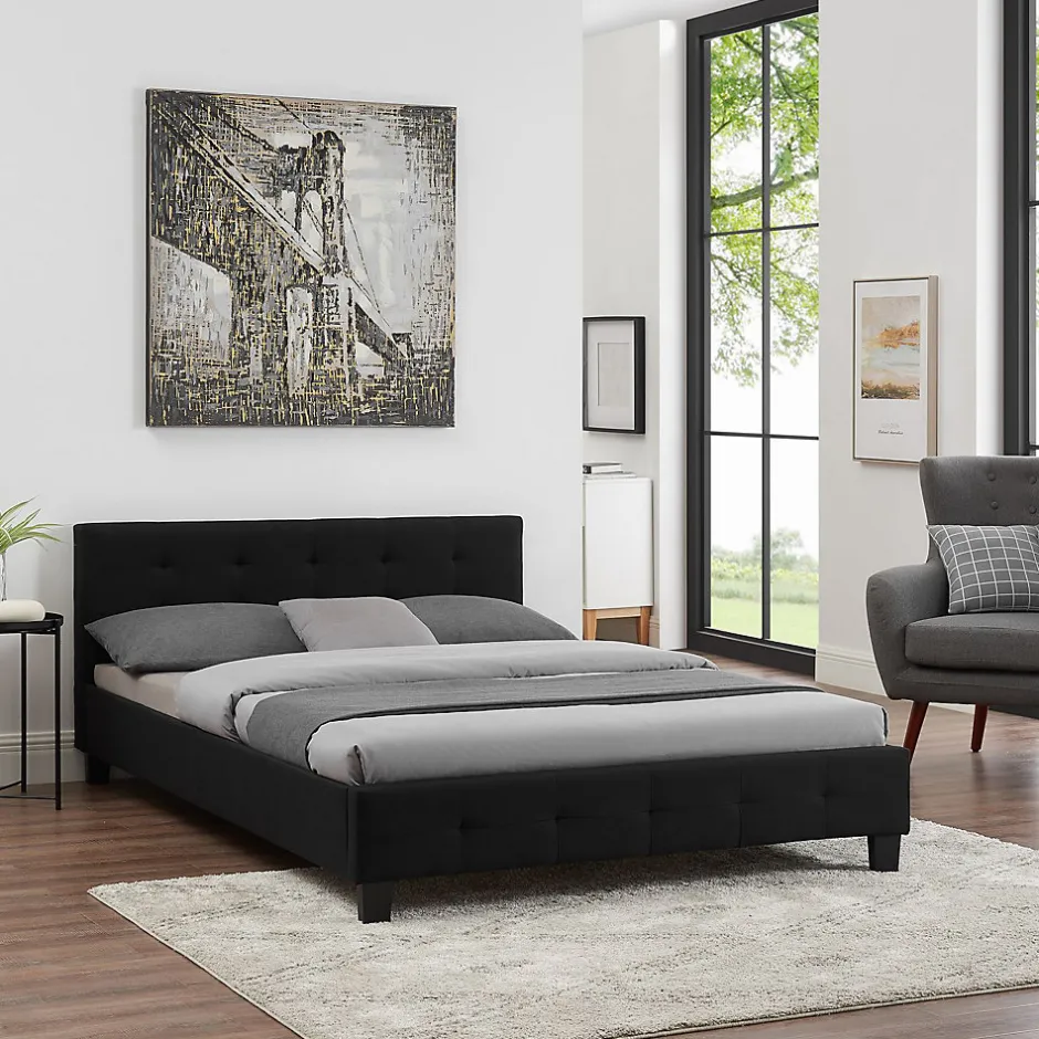 Idimex Lit double MATHIEU, 140 x 190 cm, capitonné avec sommier, revêtement en tissu noir