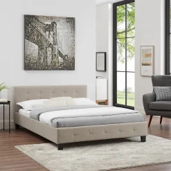 Idimex Lit double MATHIEU, 140 x 190 cm, capitonné avec sommier, revêtement en tissu beige