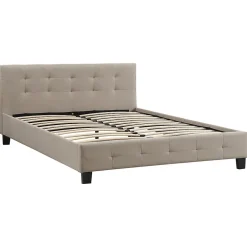 Idimex Lit double MATHIEU, 140 x 190 cm, capitonné avec sommier, revêtement en tissu beige