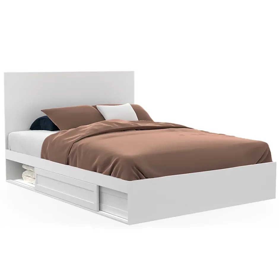IDMarket Lit double MELSA avec rangements tête de lit et sommier 140 x 190 cm blanc Clearance