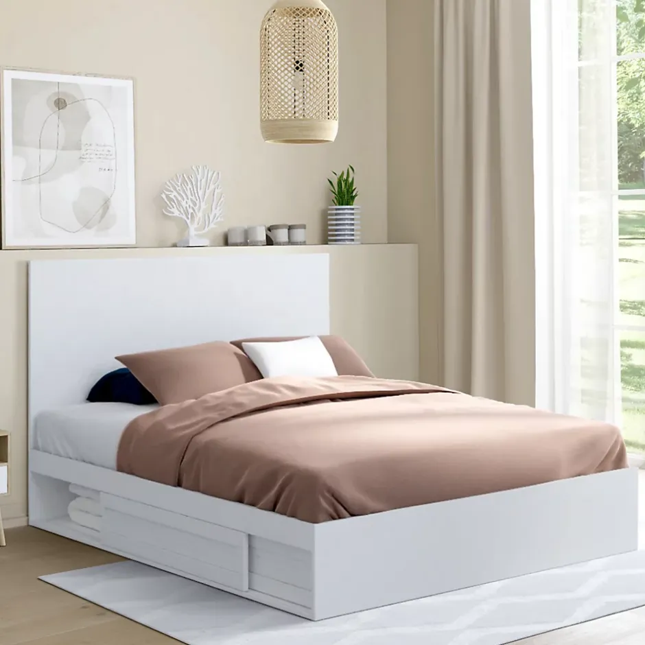 IDMarket Lit double MELSA avec rangements tête de lit et sommier 140 x 190 cm blanc Clearance