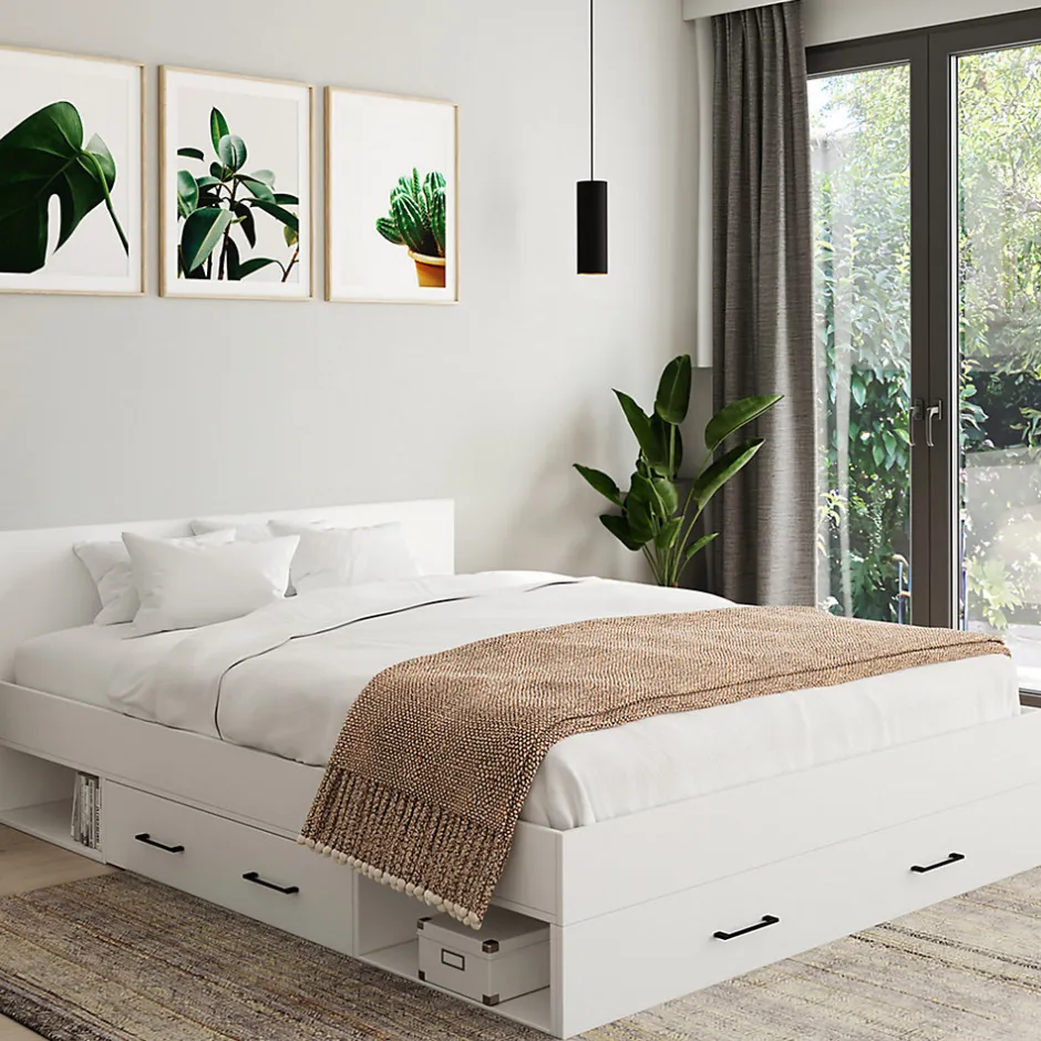 IDMarket Lit double MINEA avec tiroirs + niches de rangement + tête de lit et sommier 140 x 190 cm blanc